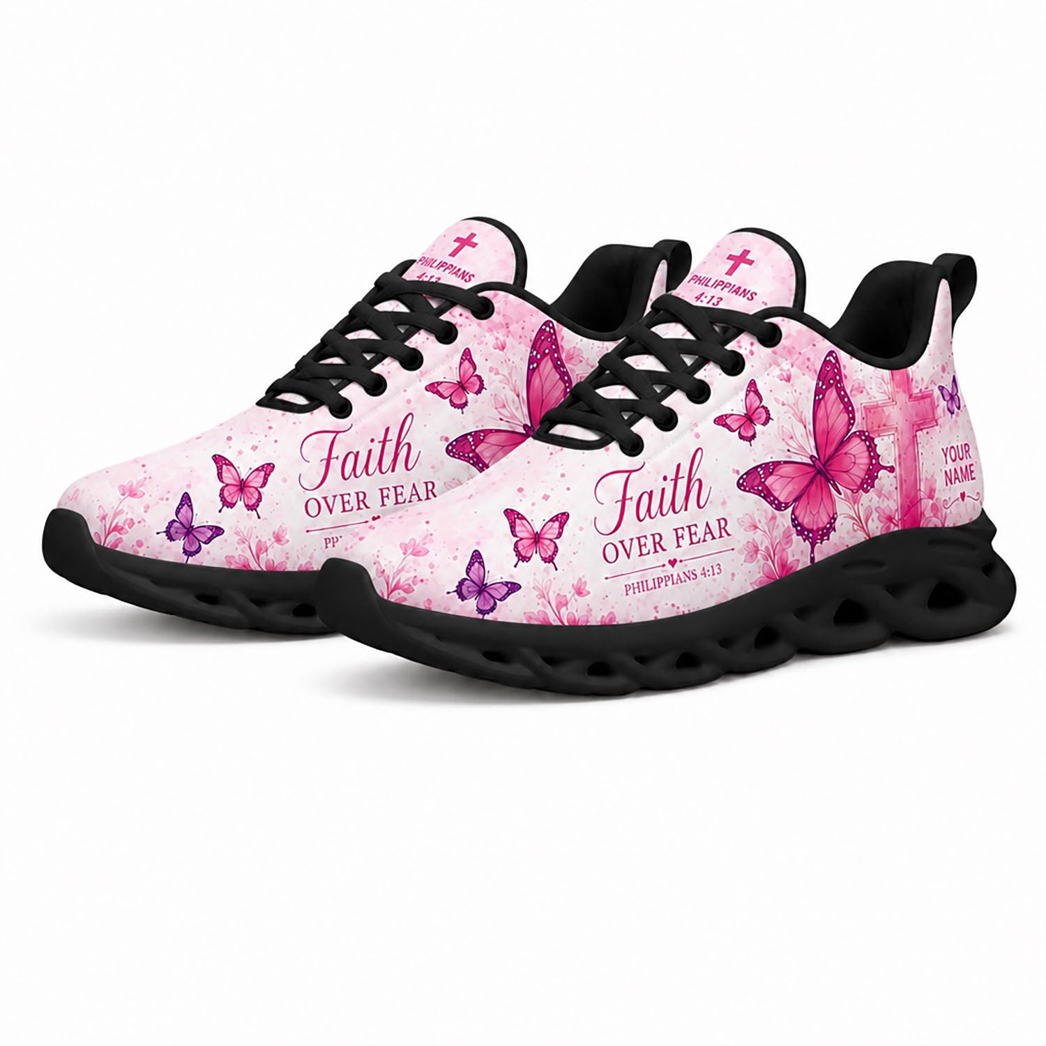 Pair of pink Christian sneakers featuring a vibrant floral butterfly canvas print with dynamic black traction soles