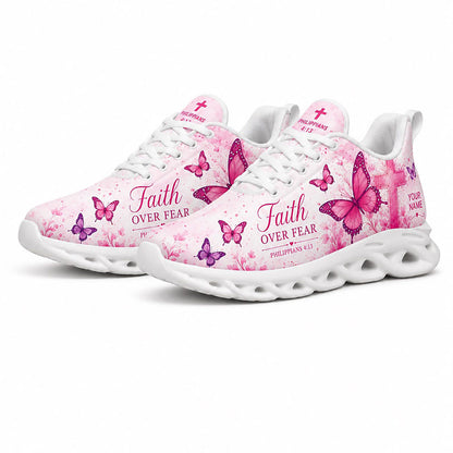 Angled pair of pink Christian sneakers with elegant cursive typography and butterfly elements on white soles