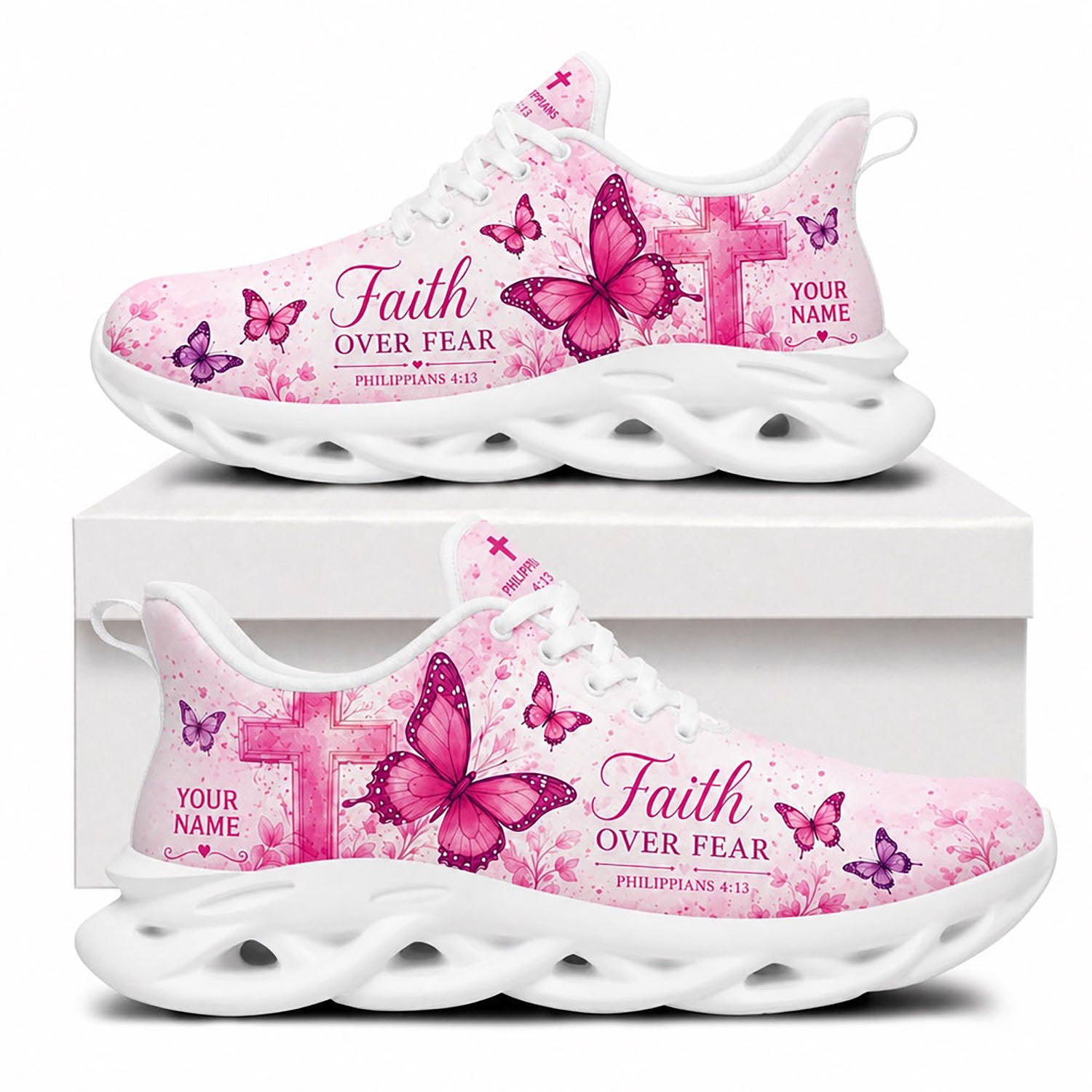 Side view of Custom Name Faith Over Fear Philippians 4:13 Max Soul Shoes on white soles with pink butterfly and cross graphics