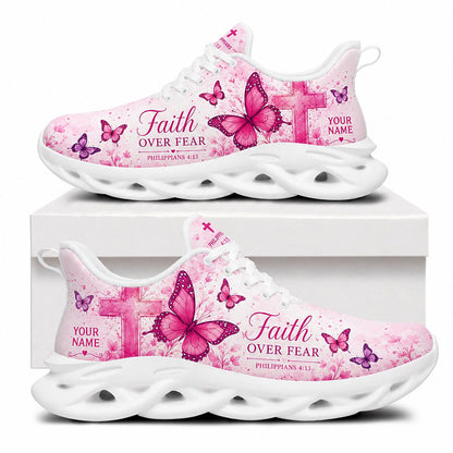 Side view of Custom Name Faith Over Fear Philippians 4:13 Max Soul Shoes on white soles with pink butterfly and cross graphics