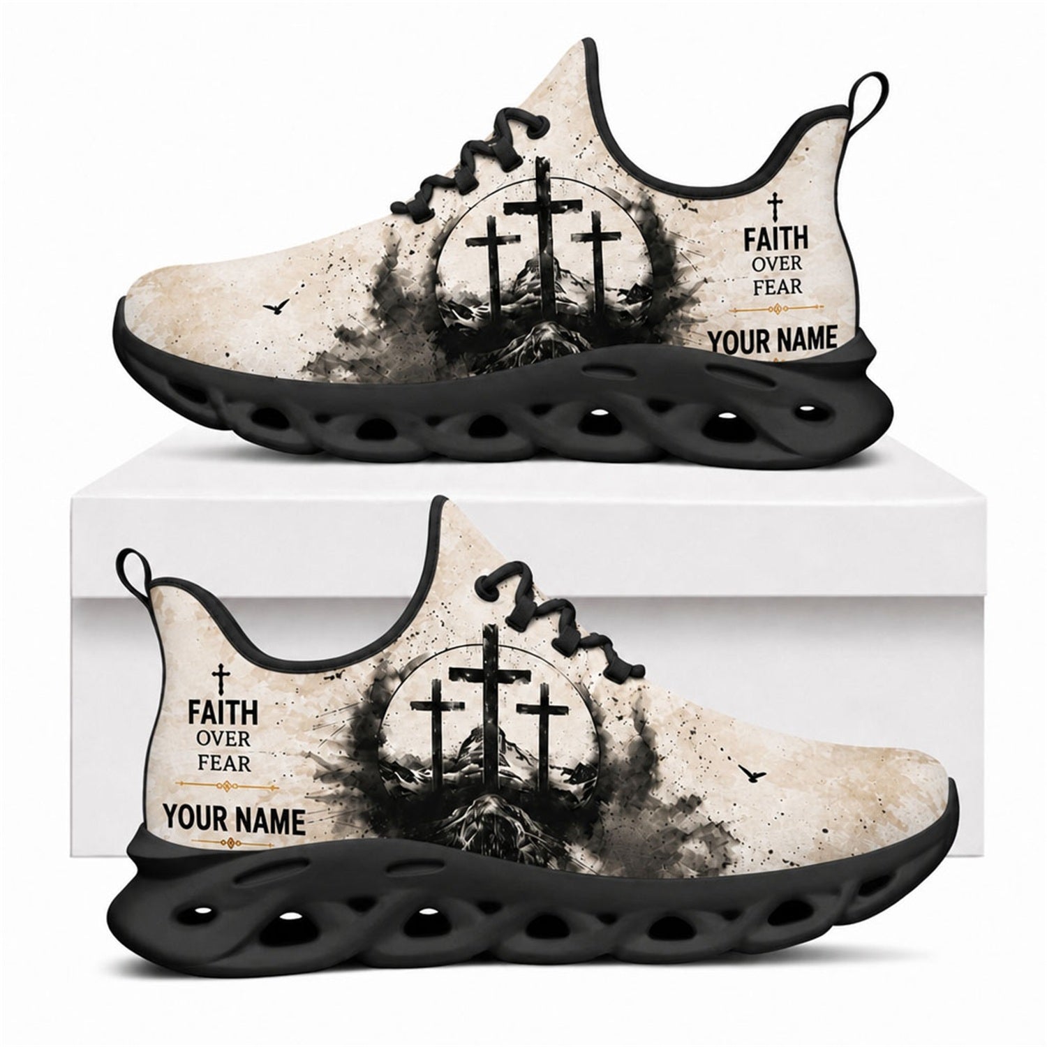Christian sneakers with "Faith Over Fear" text and three-crosses ink design on black wavy soles