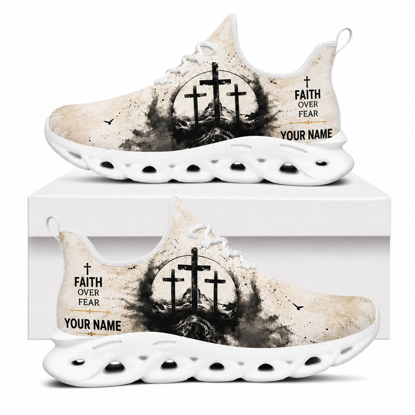 Side view of faith sneakers with three-crosses motif and inspirational text on white outsoles