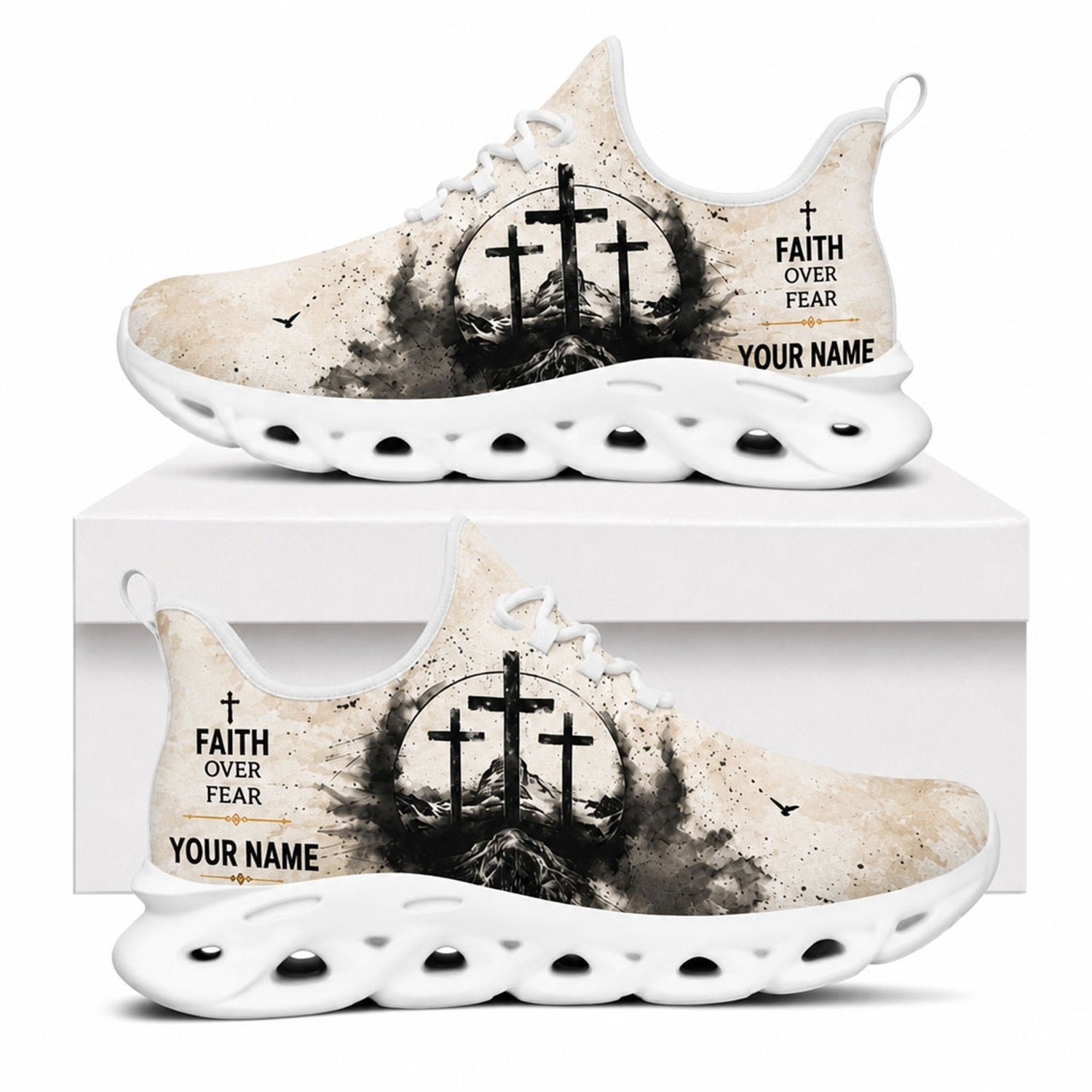 Side view of faith sneakers with three-crosses motif and inspirational text on white outsoles