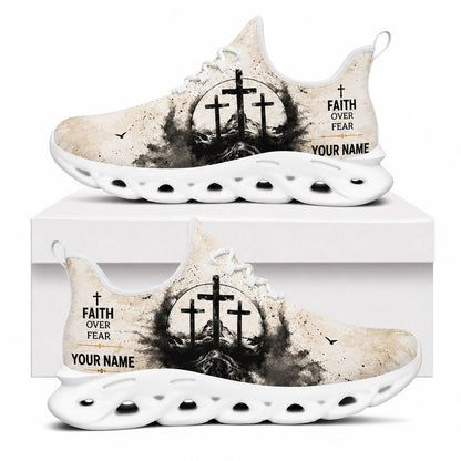 Side view of faith sneakers with three-crosses motif and inspirational text on white outsoles