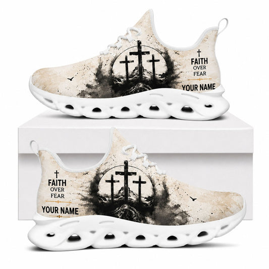 Side view of faith sneakers with three-crosses motif and inspirational text on white outsoles