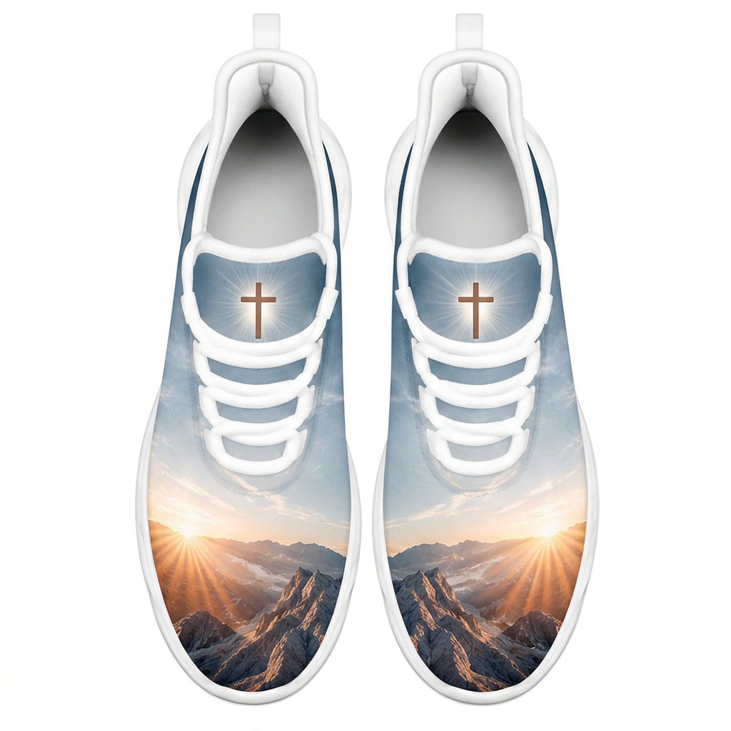 Top-down view of the custom sneakers showcasing the mountain sunburst toe boxes and a glowing cross emblem on the tongue panels
