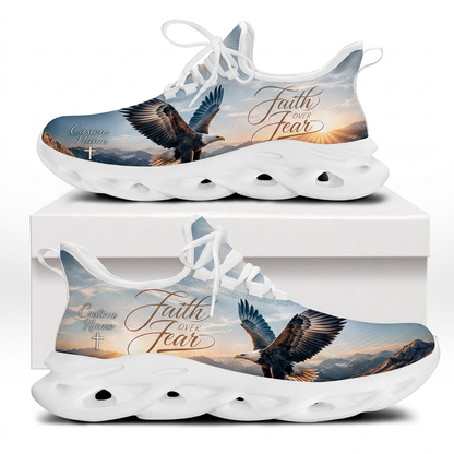 Side views of Custom Name Faith Over Fear Max Soul Shoes on white soles featuring a bald eagle soaring over mountains at sunset