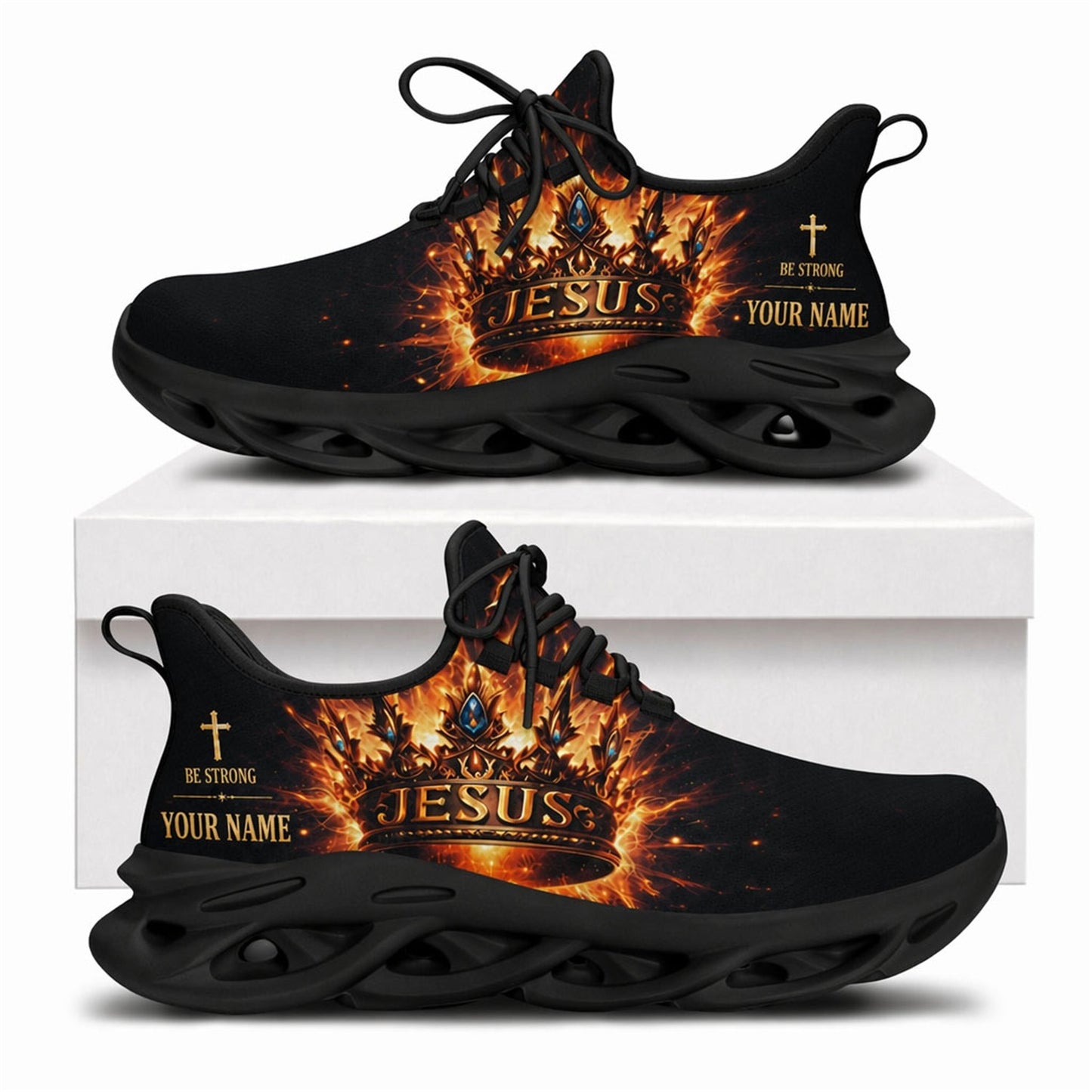 Fiery King Jesus crown Christian shoes with gold cross accent and solid black wavy soles