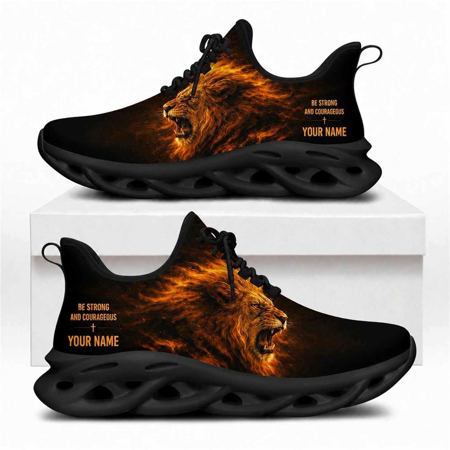 Fiery roaring lion Christian shoes with Be Strong and Courageous text and solid black wavy soles