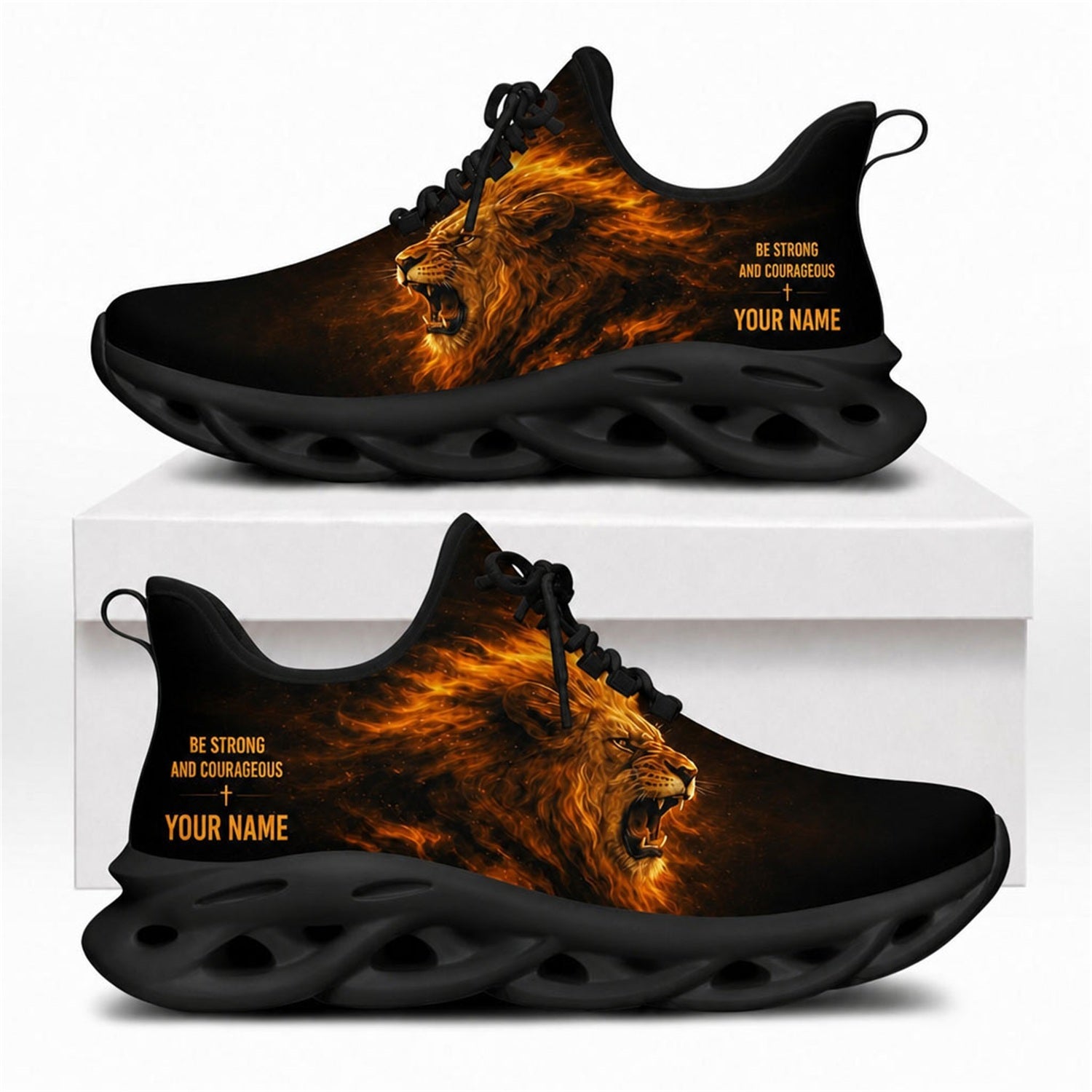 Fiery roaring lion Christian shoes with Be Strong and Courageous text and solid black wavy soles