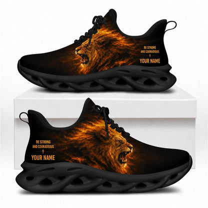 Fiery roaring lion Christian shoes with Be Strong and Courageous text and solid black wavy soles