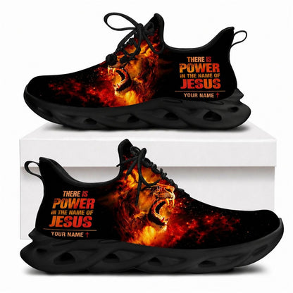 Fiery roaring lion Christian shoes with power in the name of Jesus text and solid black wavy soles