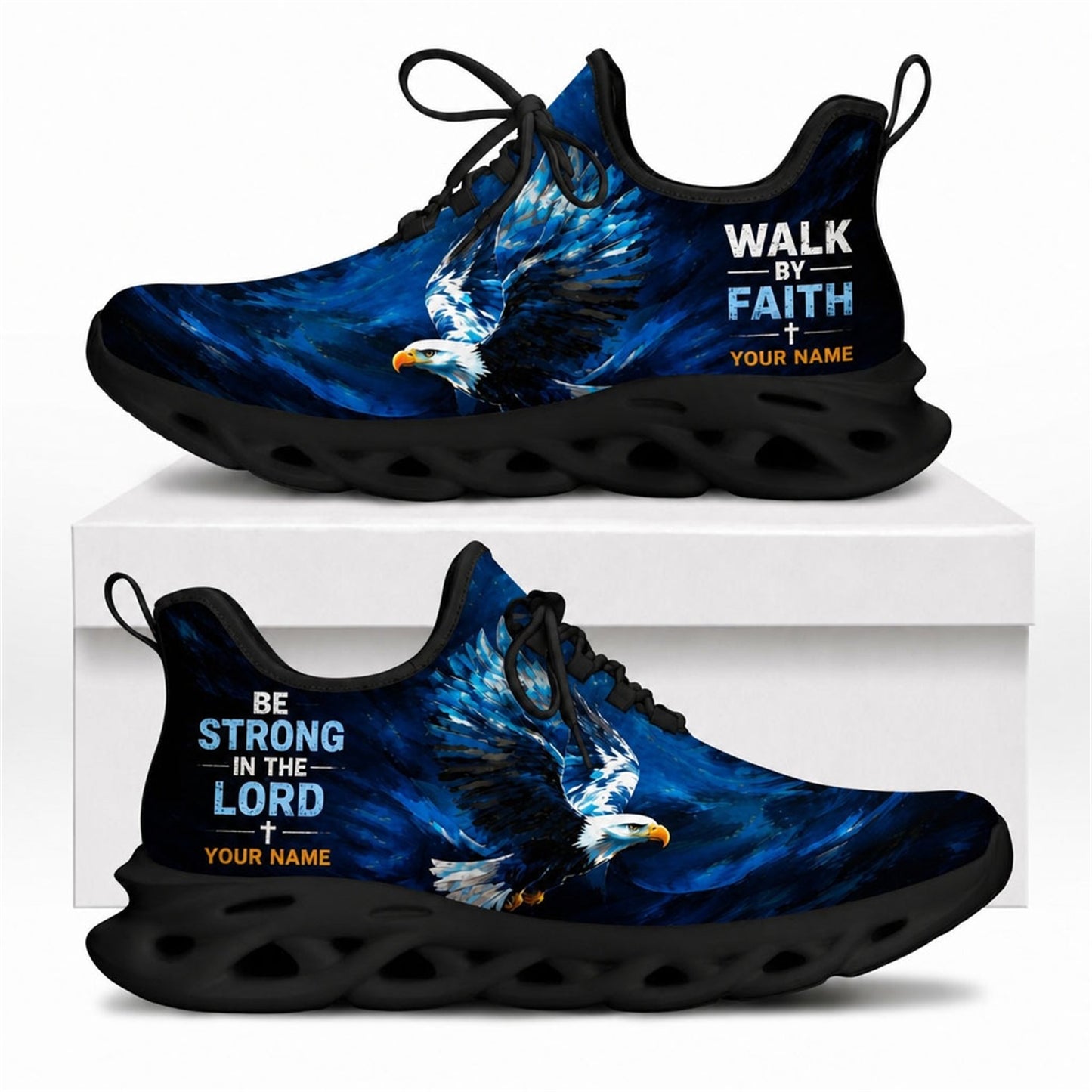 Flying eagle Christian shoes featuring oil painting art style and a solid black wavy athletic sole