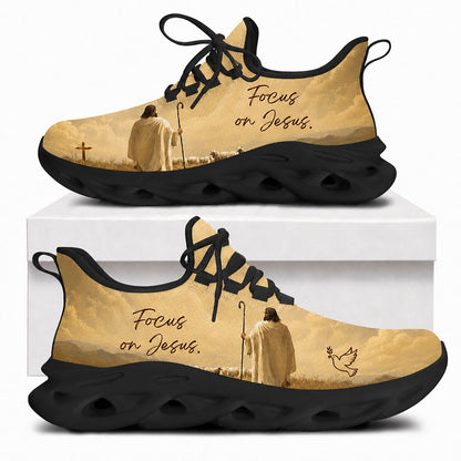 Side view of Custom Name Focus On Jesus Good Shepherd Max Soul Shoes in black sole showing the custom name field