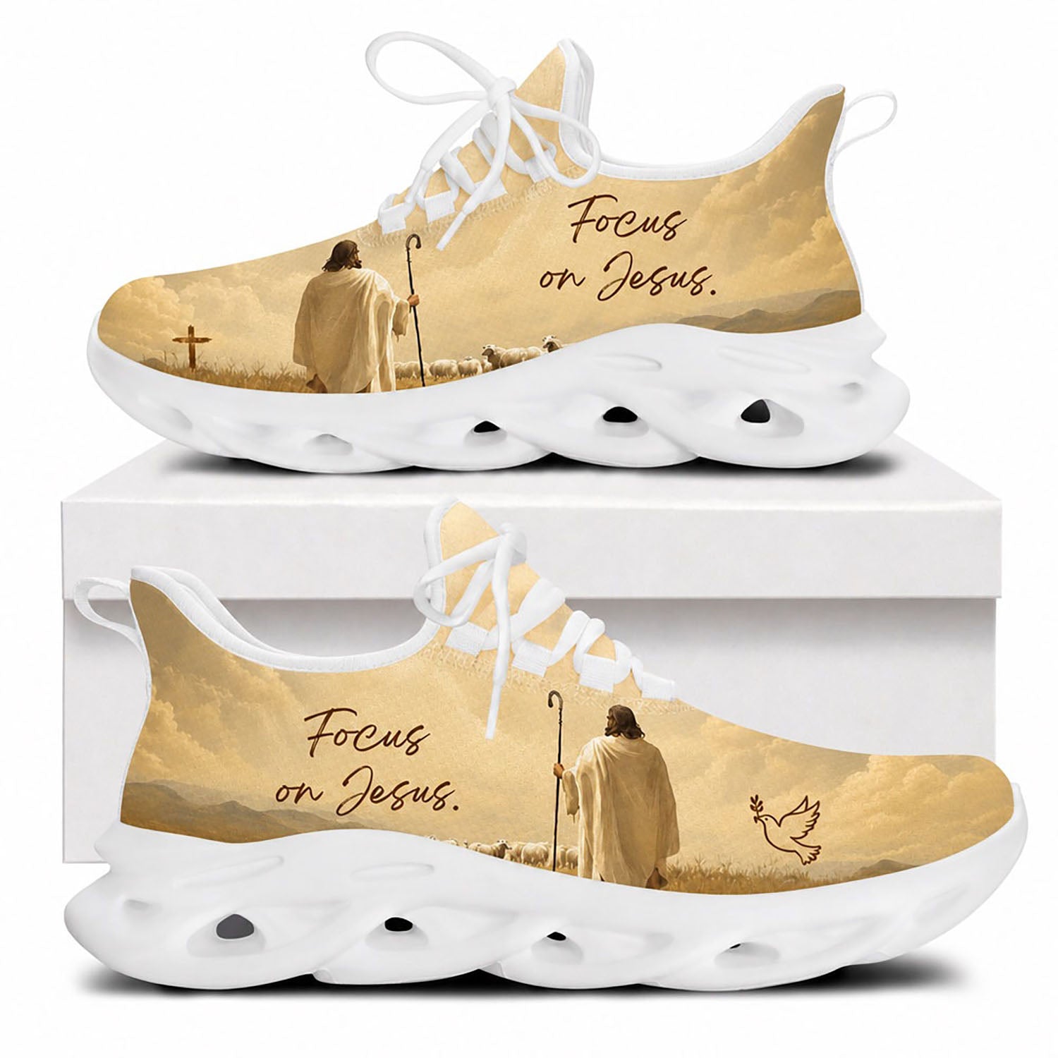 Side view of Custom Name Focus On Jesus Good Shepherd Max Soul Shoes in white sole featuring Jesus and sheep art