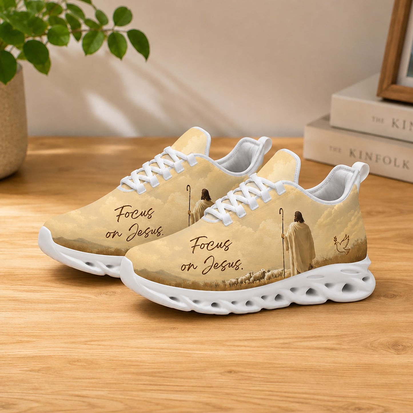 Lifestyle display of Custom Name Focus On Jesus Max Soul shoes with white soles styled on a modern wooden table