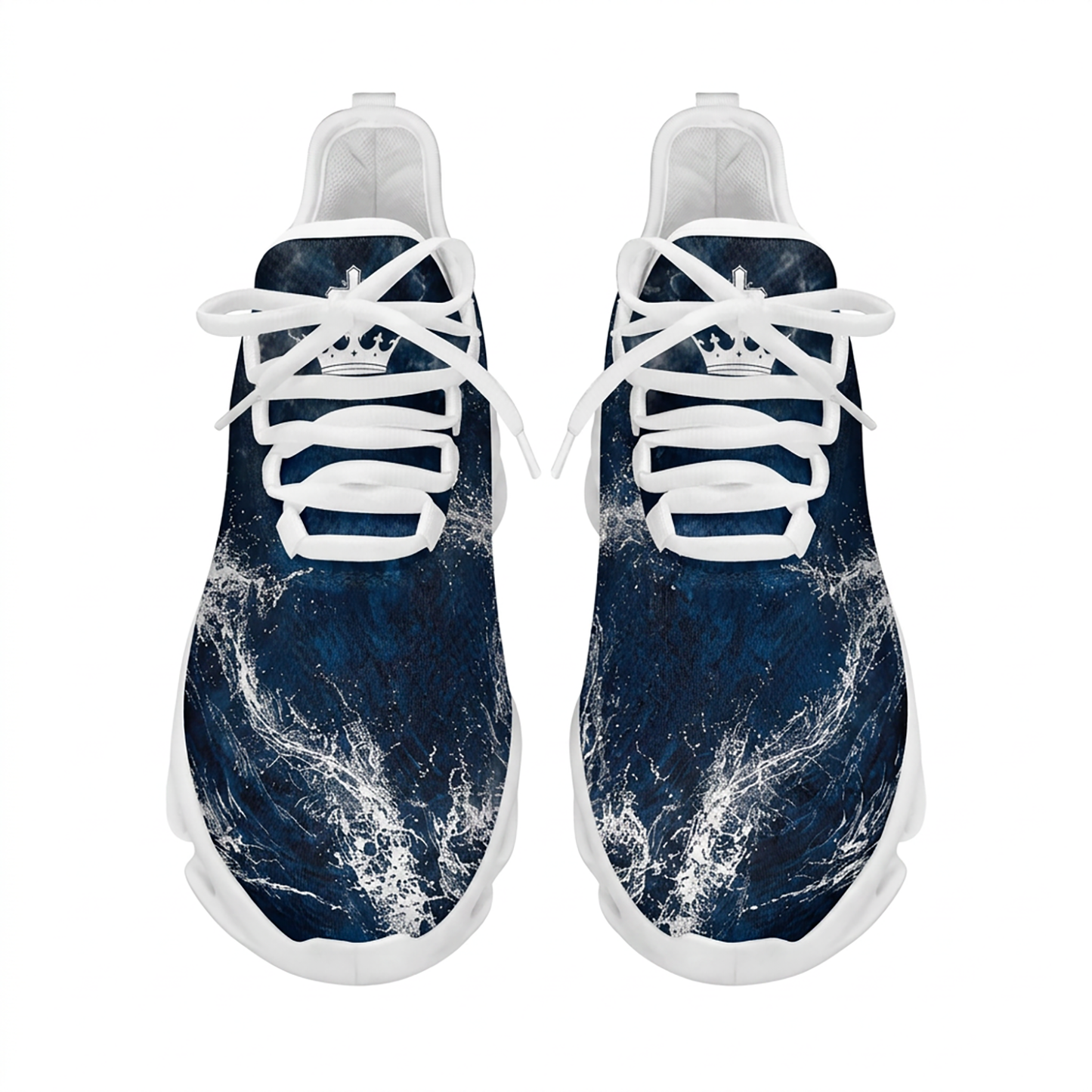 Top-down view of the custom sneakers showcasing the deep blue ocean wave prints and a white crown emblem on the tongue