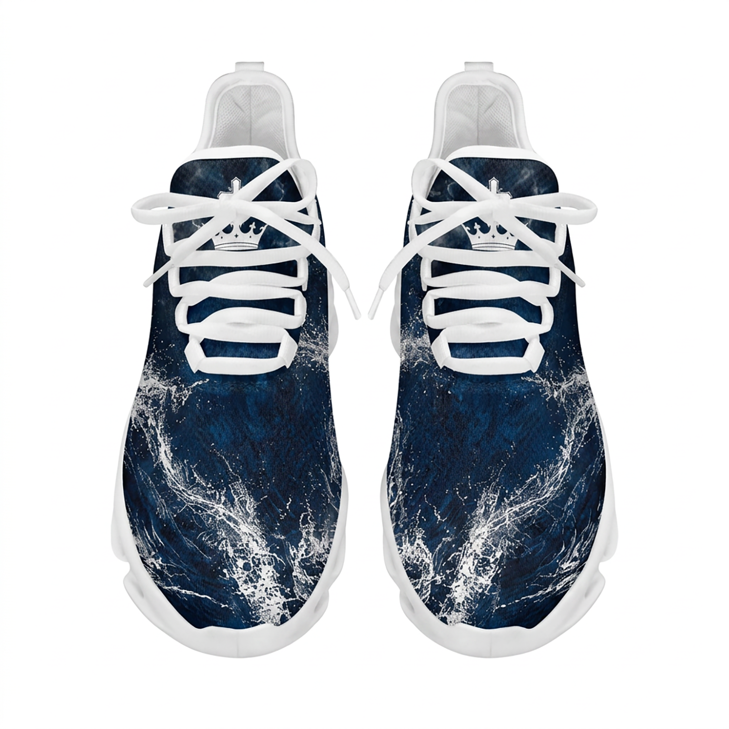 Top-down view of the custom sneakers showcasing the deep blue ocean wave prints and a white crown emblem on the tongue