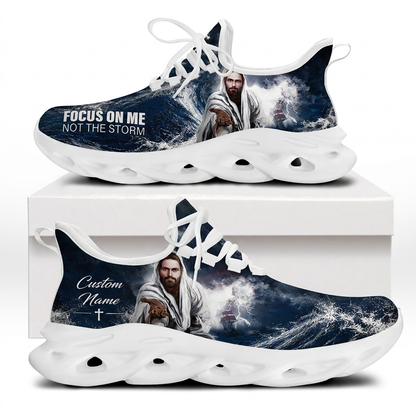 Both side views of Custom Name Focus On Me Not The Storm Max Soul Shoes on white soles with a realistic illustration of Jesus reaching out amidst ocean waves