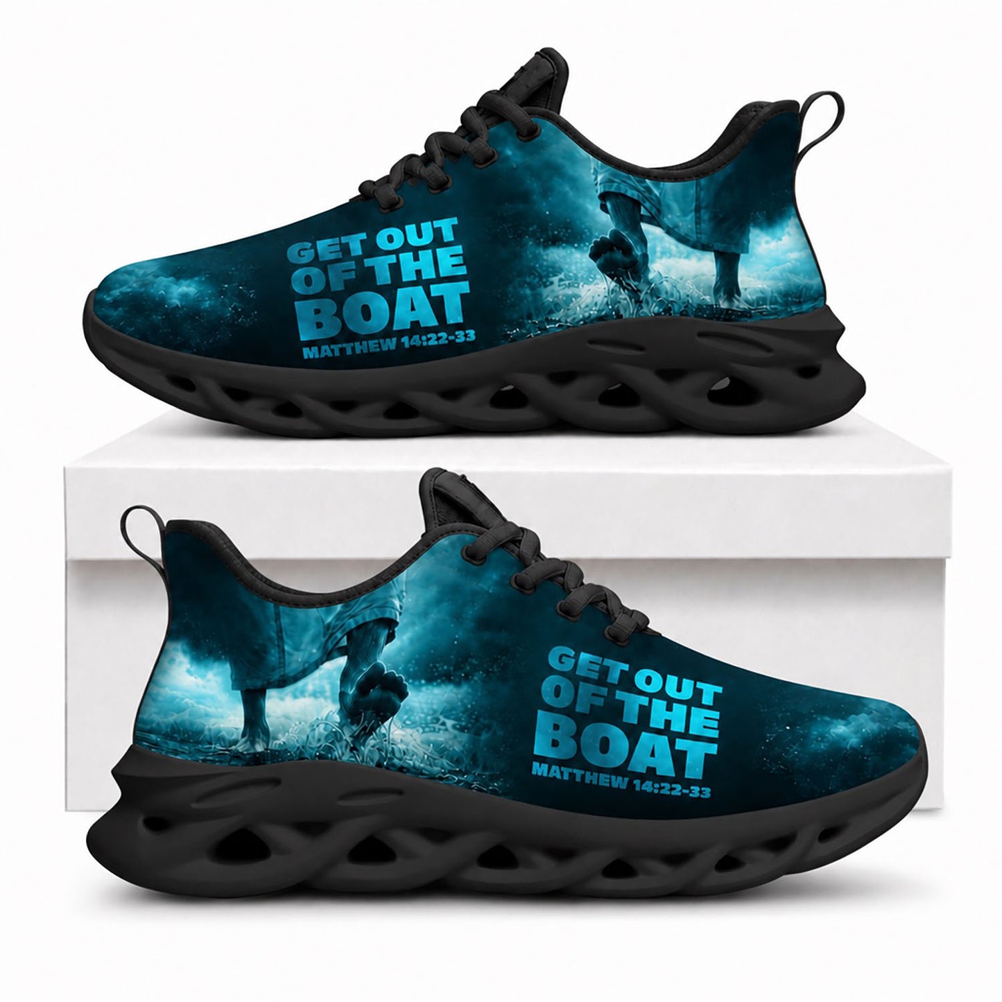 Side view of Custom Name Get Out Of The Boat Matthew 14 Max Soul Shoes in black sole showing the custom text placement