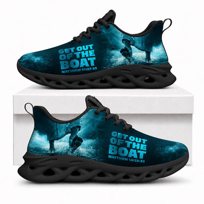 Side view of Custom Name Get Out Of The Boat Matthew 14 Max Soul Shoes in black sole showing the custom text placement