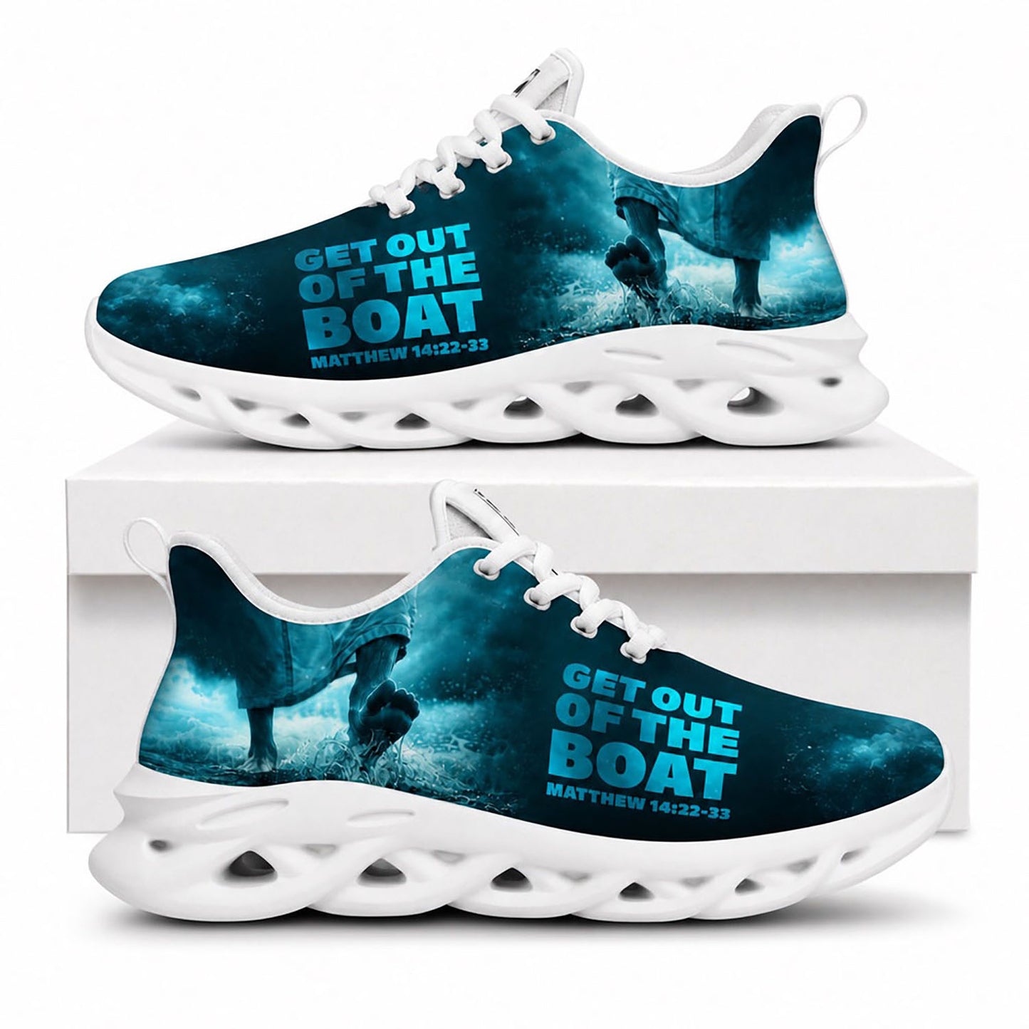 Side view of Custom Name Get Out Of The Boat Matthew 14 Max Soul Shoes in white sole featuring Jesus walking on water graphic