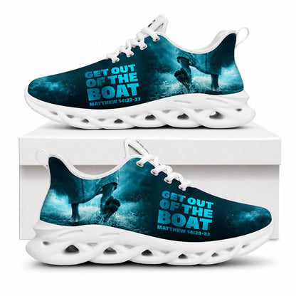 Side view of Custom Name Get Out Of The Boat Matthew 14 Max Soul Shoes in white sole featuring Jesus walking on water graphic