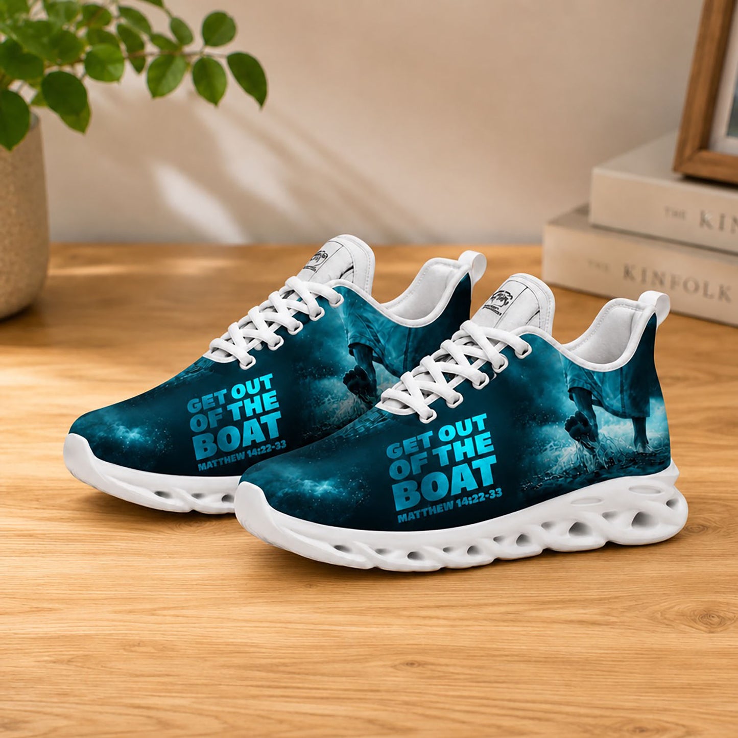 Lifestyle display of Custom Name Get Out Of The Boat Max Soul shoes with white soles styled on a light wooden table