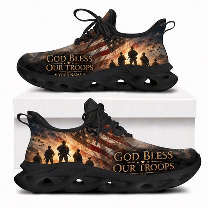 Side view of Custom Name God Bless Our Troops Max Soul Shoes in black sole showing the custom name field placement