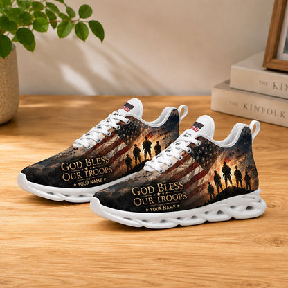 Lifestyle display of Custom Name God Bless Our Troops Max Soul shoes with white soles styled on a modern wooden table