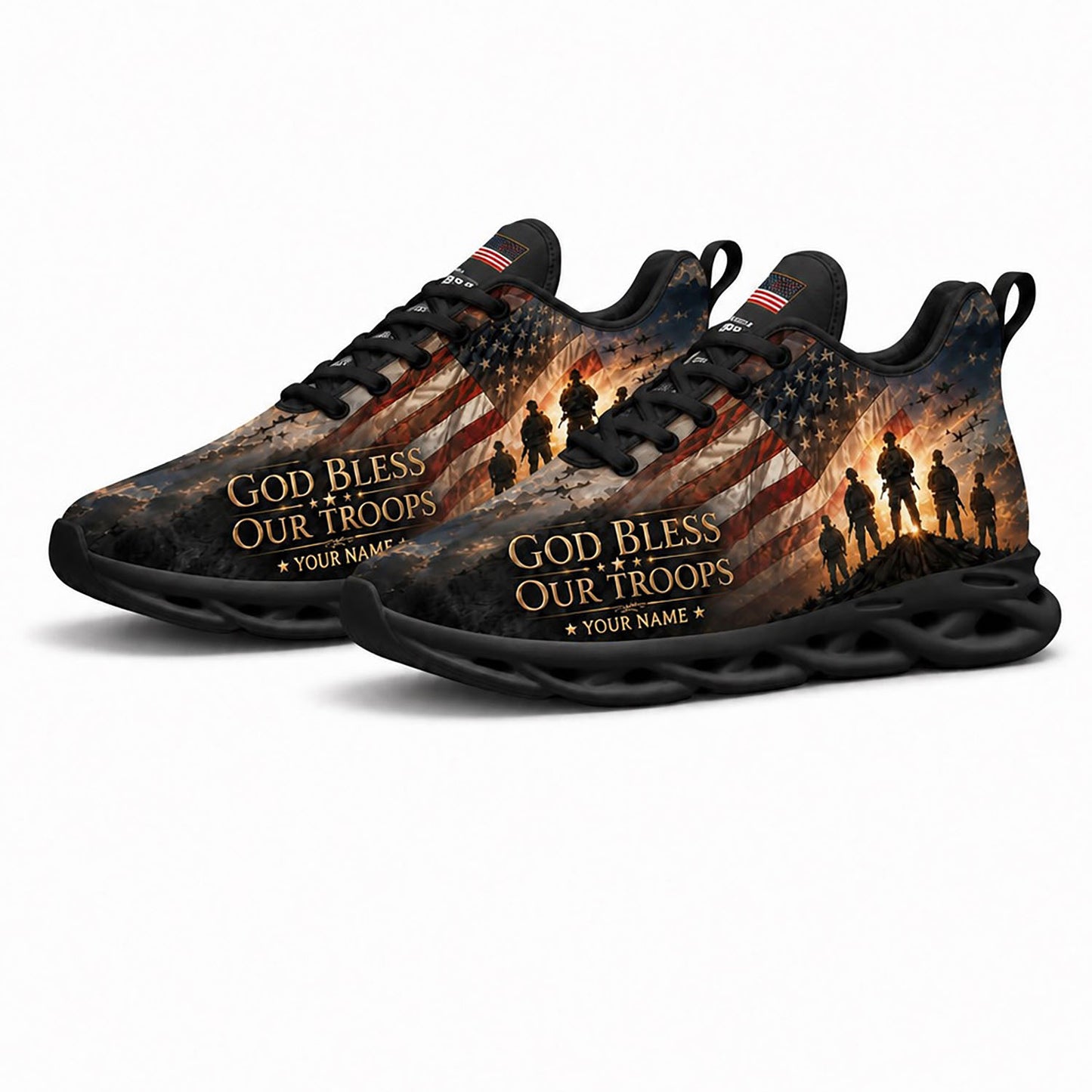 Pair of American soldier sneakers featuring military jets and patriotic flag print with dynamic black soles