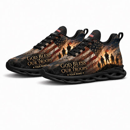 Pair of American soldier sneakers featuring military jets and patriotic flag print with dynamic black soles