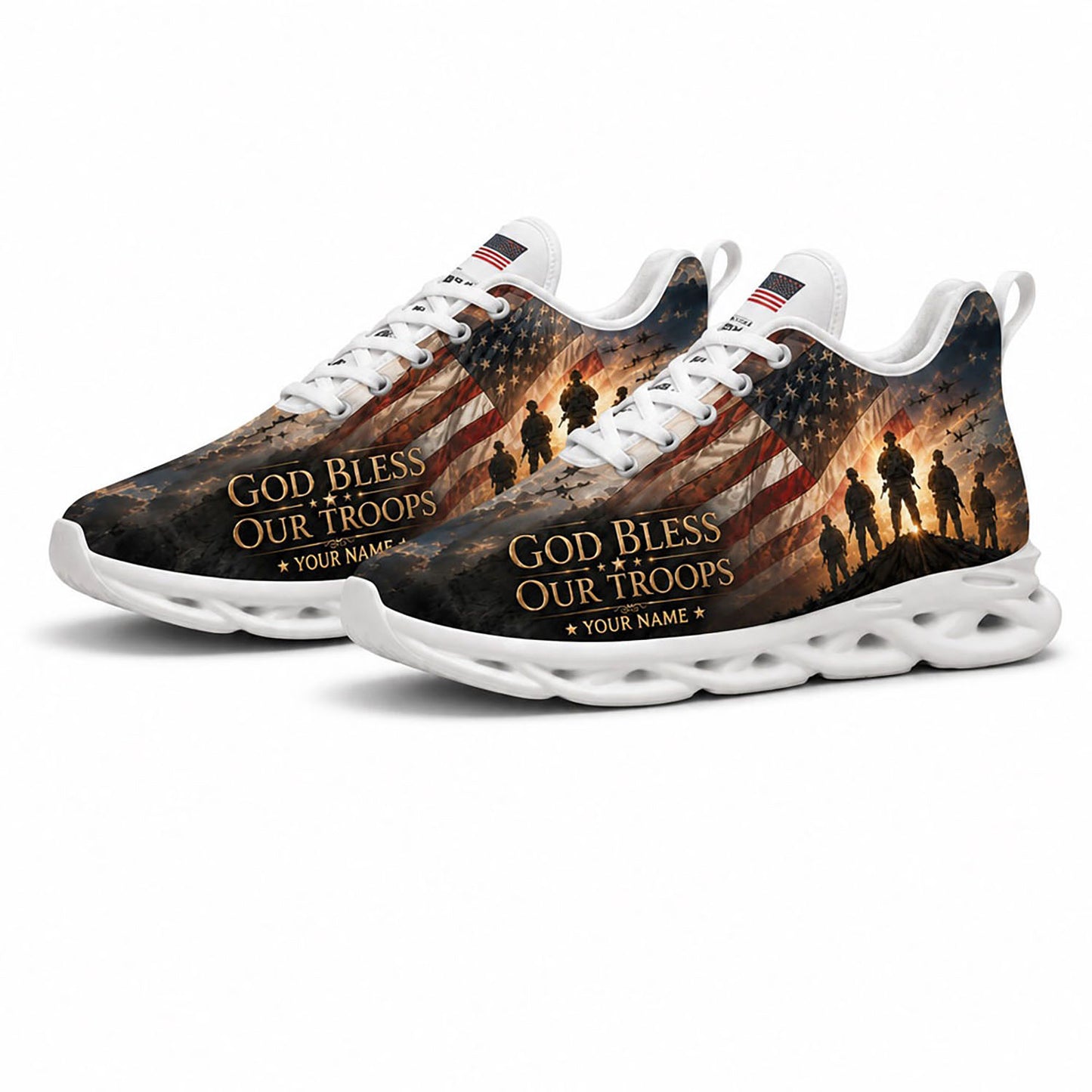 Angled pair of American soldier sneakers with military silhouettes and patriotic graphics on white soles