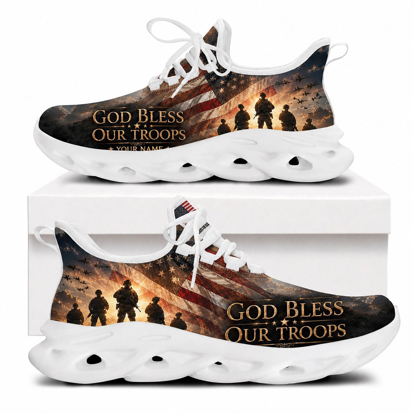 Side view of Custom Name God Bless Our Troops Max Soul Shoes in white sole featuring American flag and soldier silhouettes