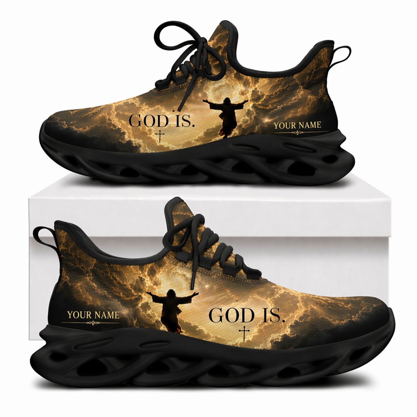 Christian sneakers with Jesus ascension art, golden clouds, "GOD IS" text, black wavy soles