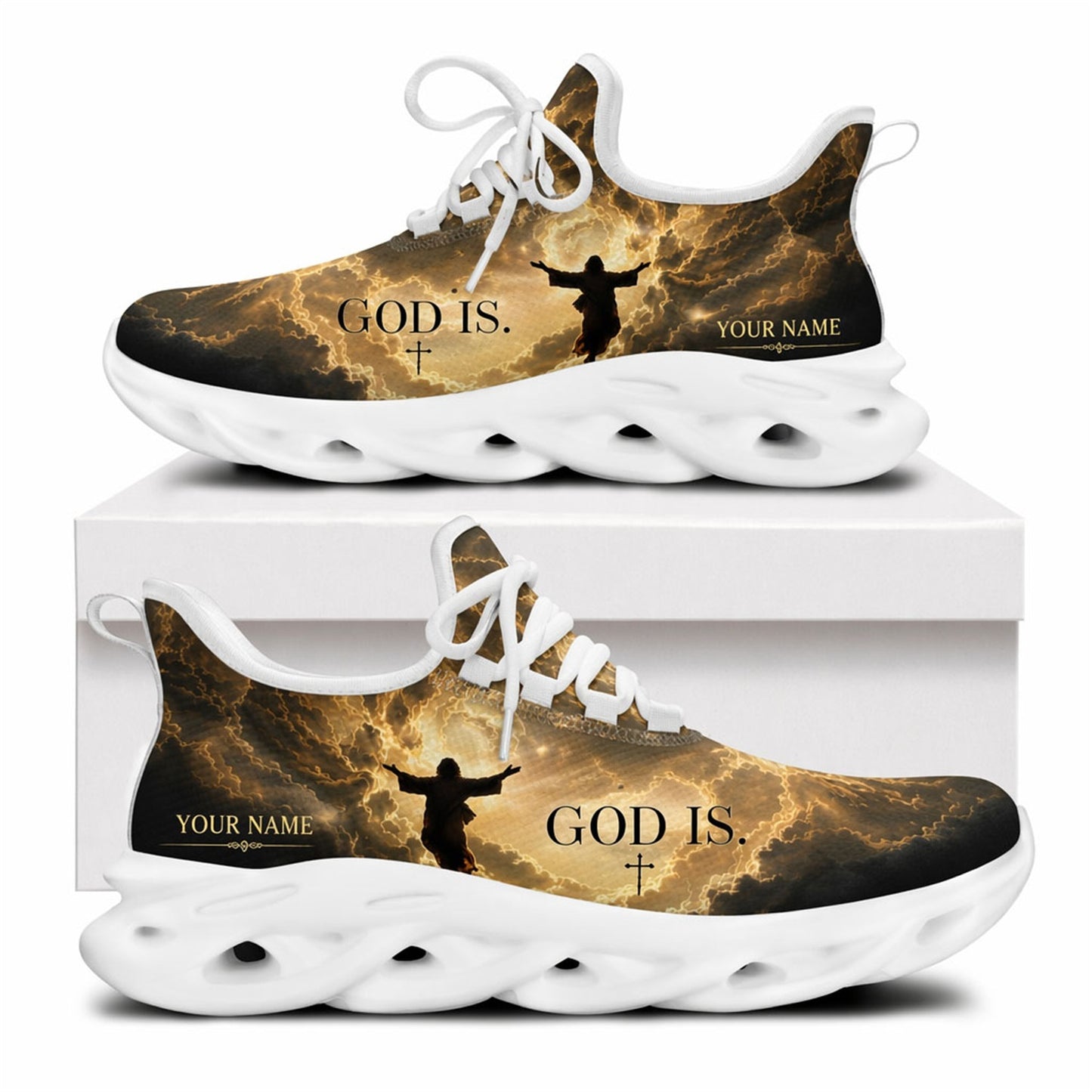 Side view of Jesus ascension sneakers with golden divine light design and white outsoles