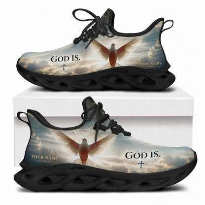 Christian sneakers featuring a holy dove, divine sky background, "GOD IS" text, and black wavy soles