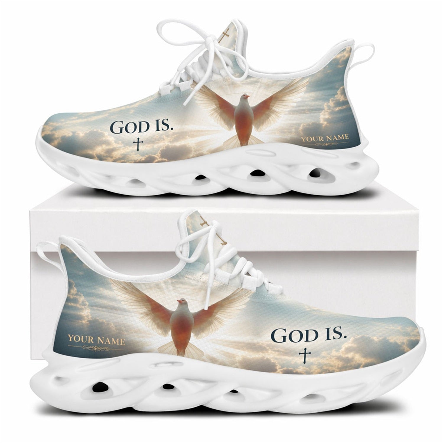 Side view of Holy Dove sneakers with divine light design and white outsoles