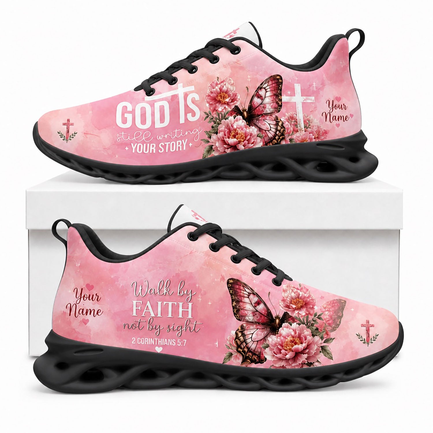 Side view of Custom Name God Is Still Writing Your Story Max Soul Shoes in black sole showing the personalizable name panel