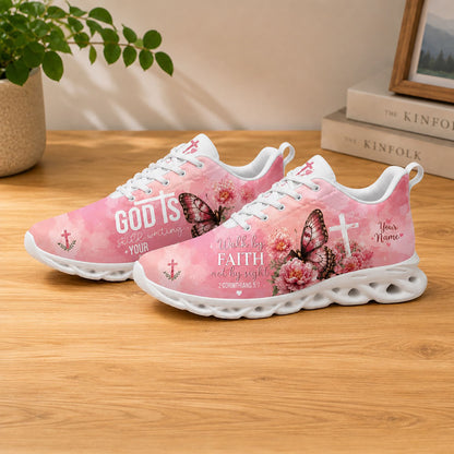 Lifestyle display of Custom Name God Is Still Writing Your Story Max Soul shoes with white soles styled on a wooden tabletop