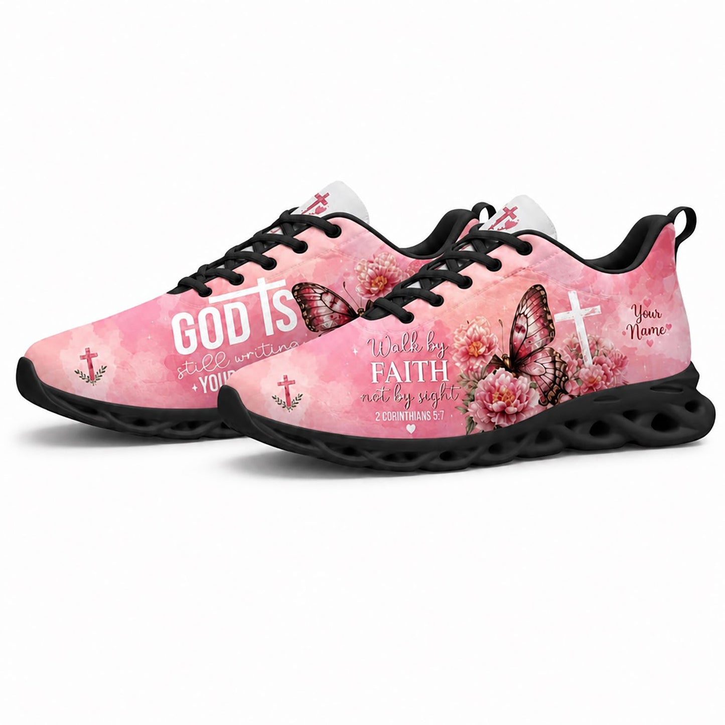 Pair of pink Walk By Faith sneakers featuring a floral butterfly canvas print with dynamic black traction soles