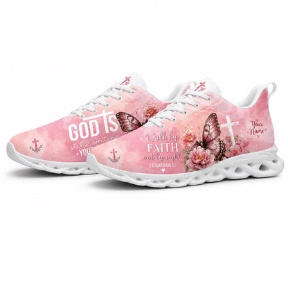 Angled pair of pink Walk By Faith sneakers with cross symbols and 2 Corinthians 5:7 scripture on white soles