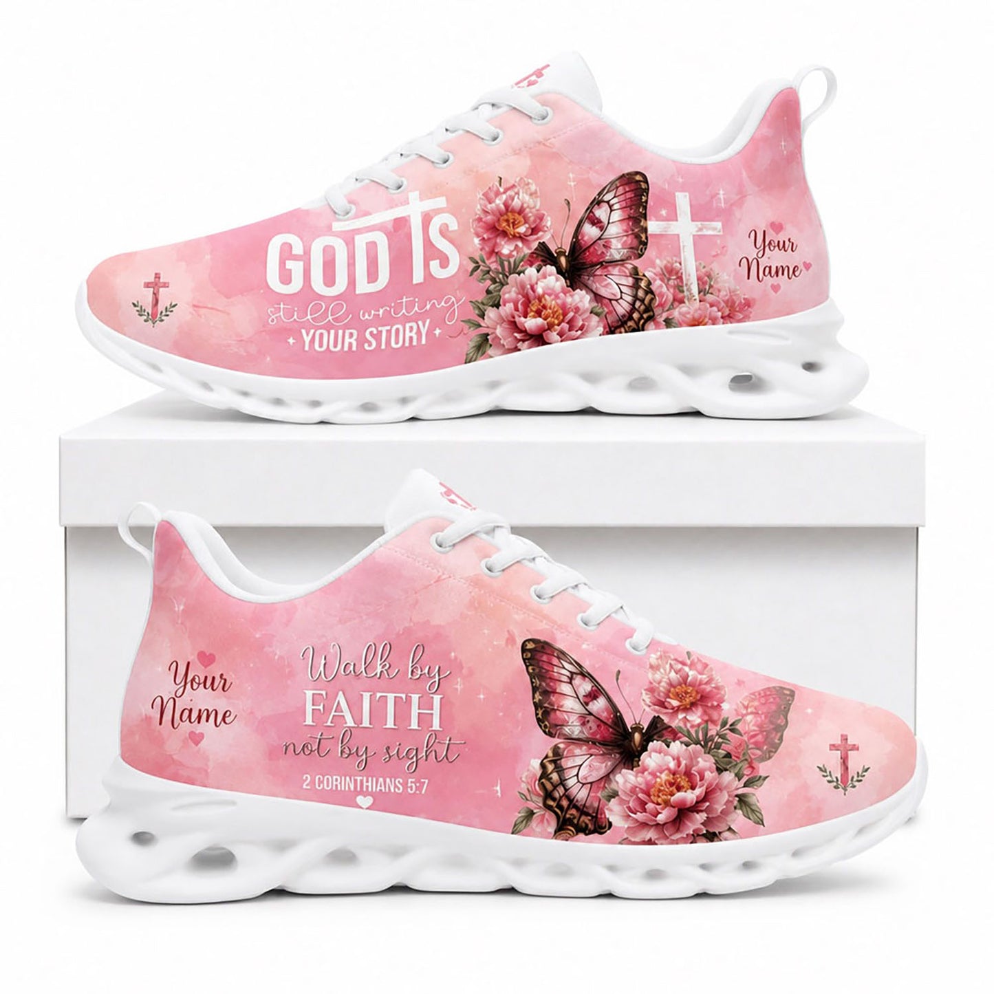 Side view of Custom Name God Is Still Writing Your Story Max Soul Shoes with white sole featuring pink butterfly and floral graphics