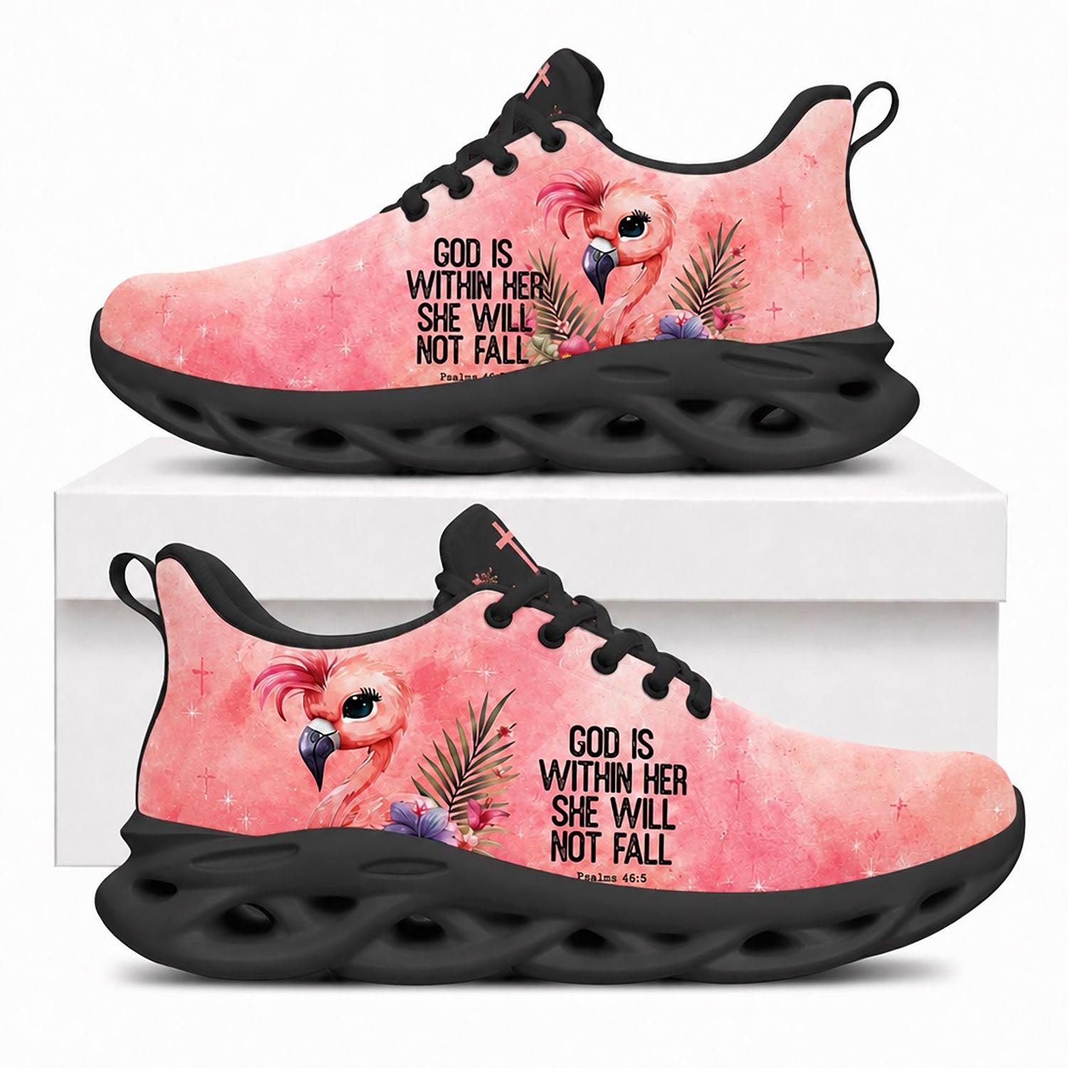 Side view of Custom Name God Is Within Her She Will Not Fall Max Soul Shoes in black sole showing the personalizable name text zone