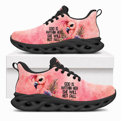 Side view of Custom Name God Is Within Her She Will Not Fall Max Soul Shoes in black sole showing the personalizable name text zone