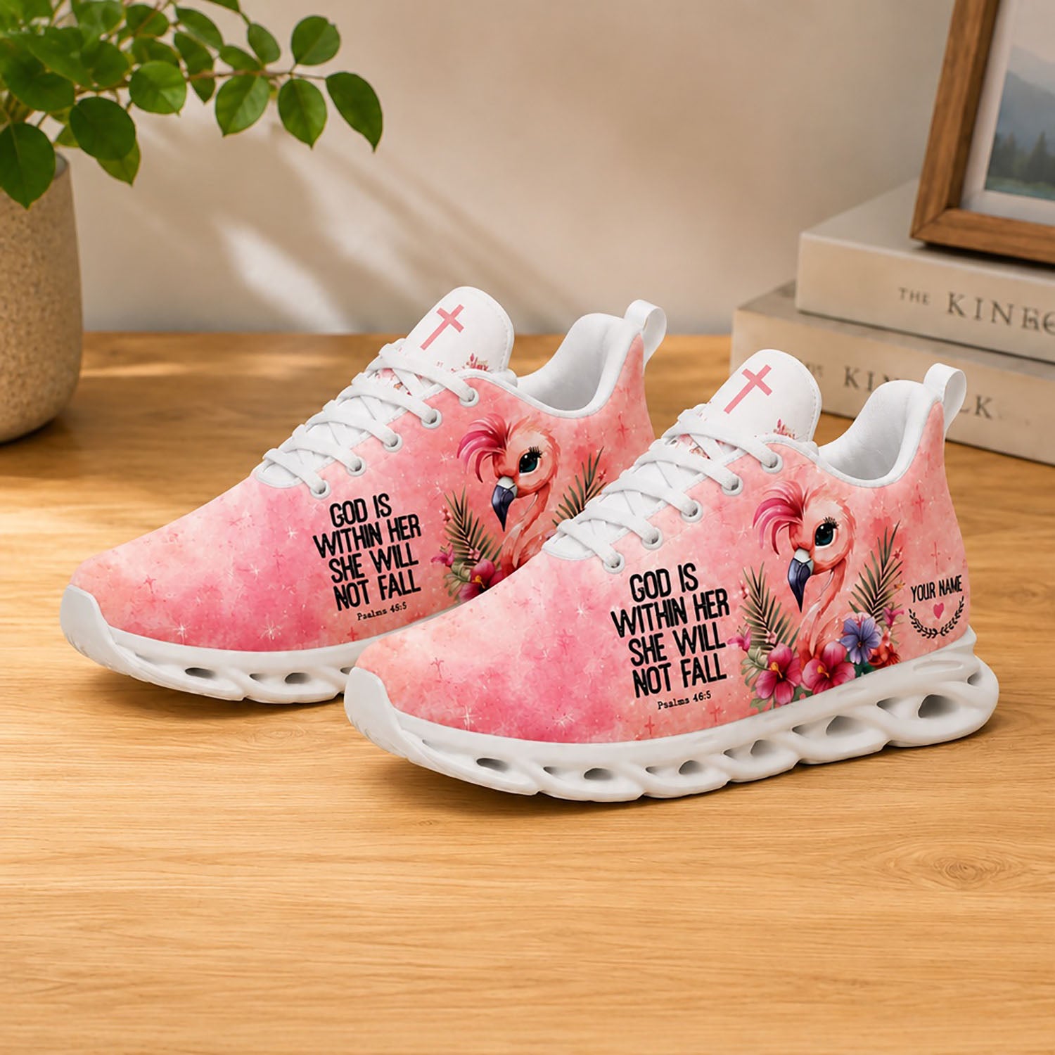 Lifestyle product presentation of Custom Name God Is Within Her She Will Not Fall Max Soul shoes with white soles styled on a wooden tabletop