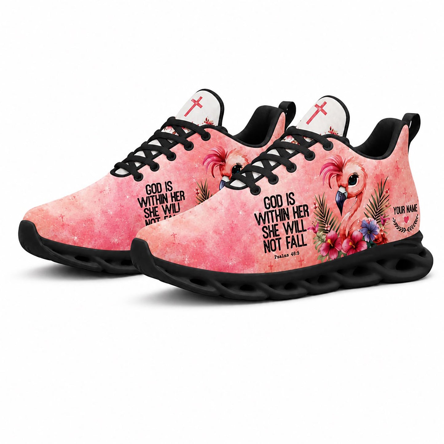 Pair of pink flamingo Christian sneakers featuring a vibrant tropical canvas print with dynamic black traction soles