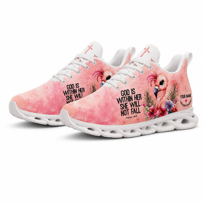 Angled pair of pink flamingo Christian sneakers with tropical floral accents and text engraving on white soles