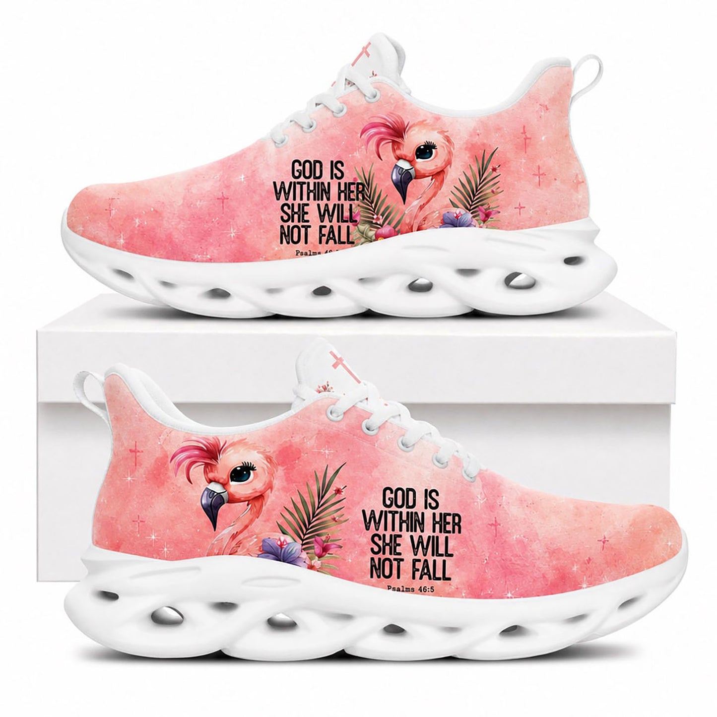 Side view of Custom Name God Is Within Her She Will Not Fall Max Soul Shoes with white sole featuring a cute pink flamingo and cross art