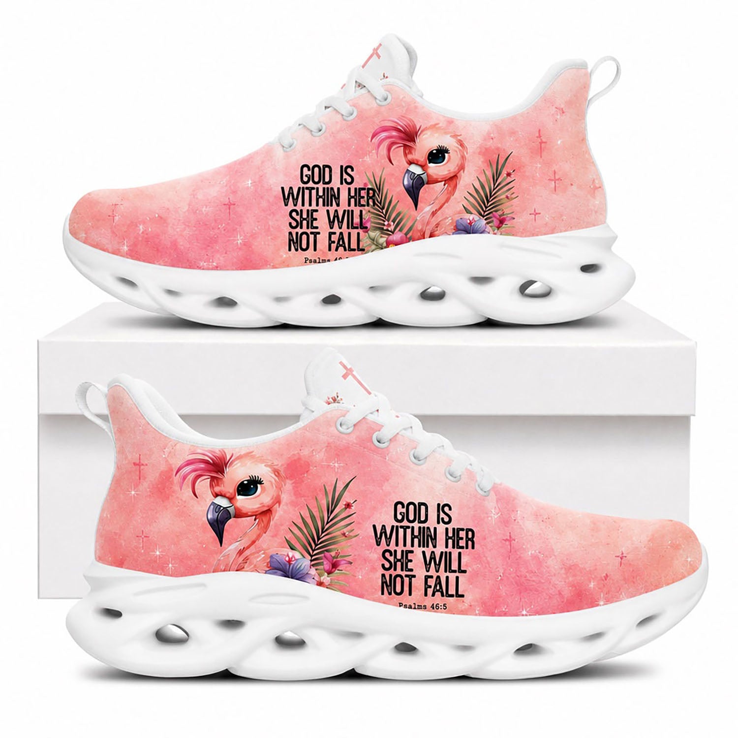 Side view of Custom Name God Is Within Her She Will Not Fall Max Soul Shoes with white sole featuring a cute pink flamingo and cross art